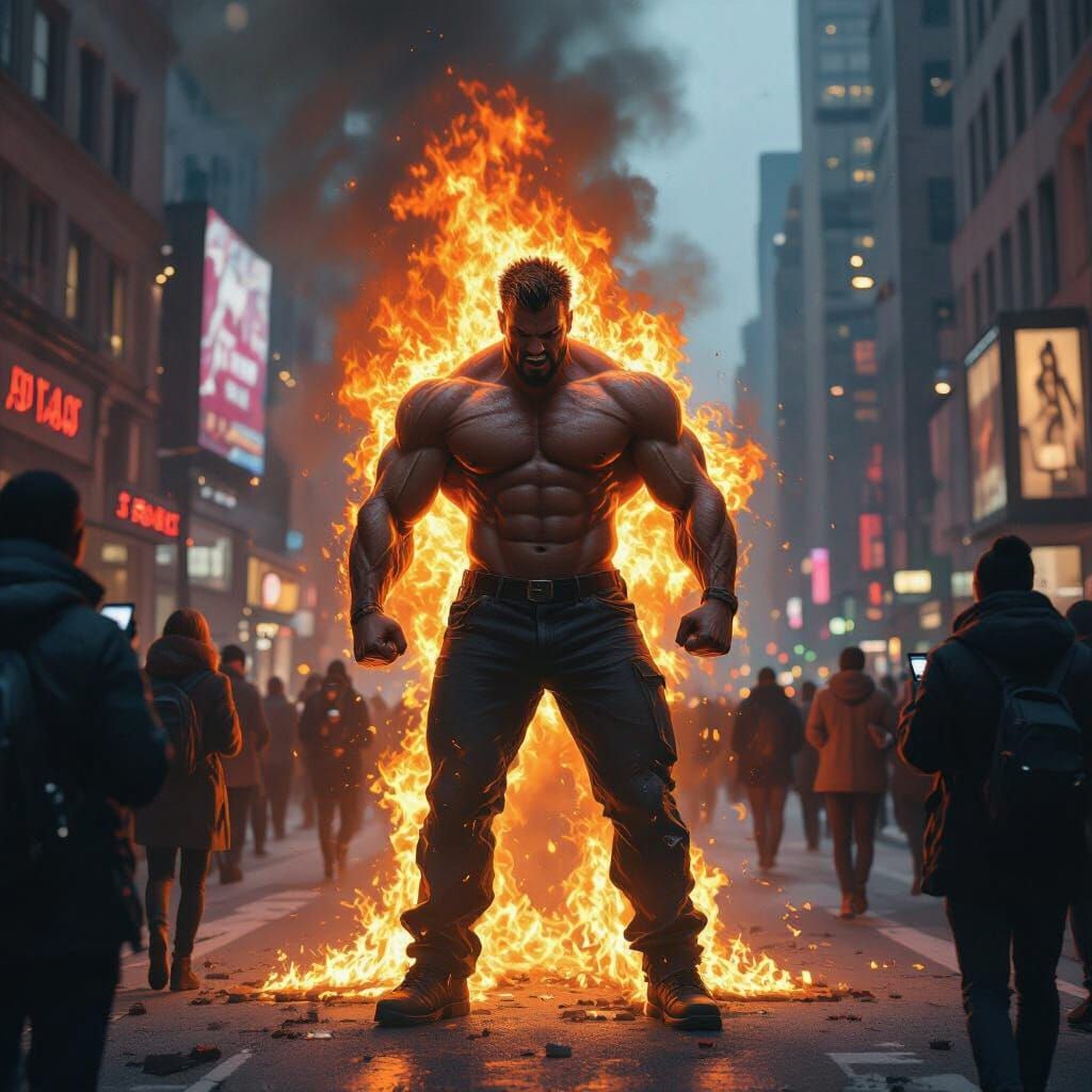 Fiery Man in Dystopian New York: Digital Art