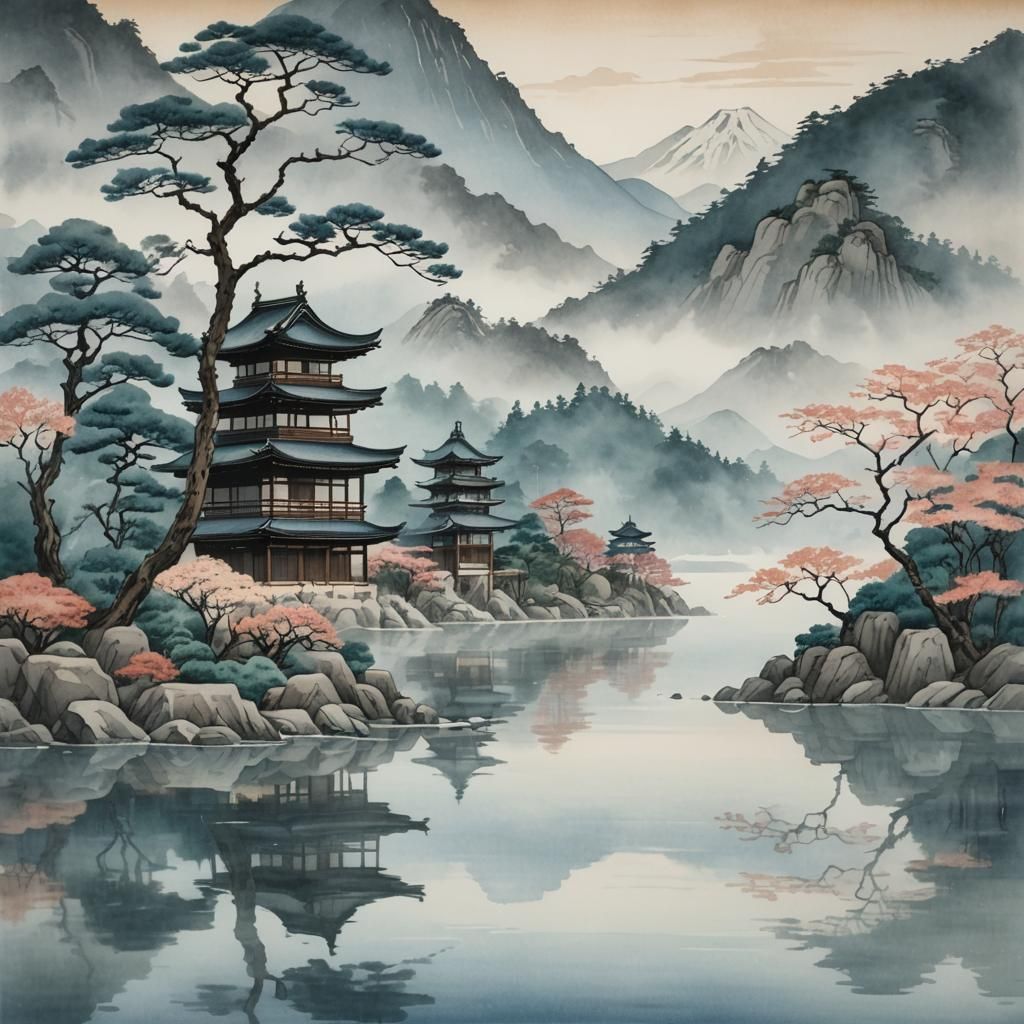 Tranquil Japanese Landscape with Misted Mountains