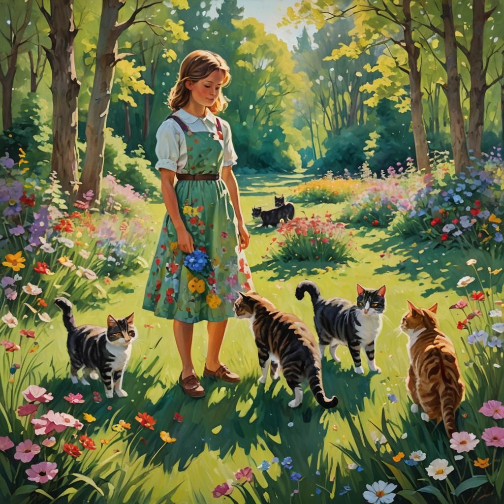 Idyllic Girl and Cats in Impressionist Meadow