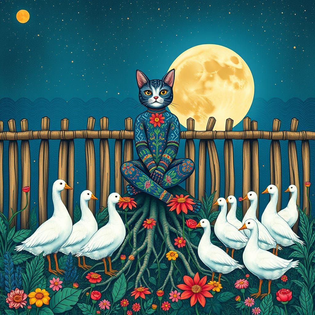 Millennial Cat on Blue Poppy in Cosmic Garden