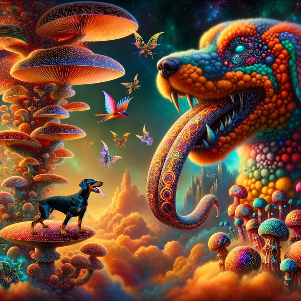 Dragon-Doberman Cloud Hybrid with Elven Tongue