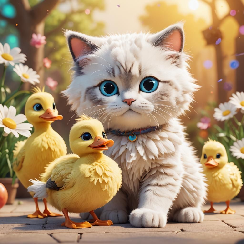 Cute Ducks and Ragdoll Kitty in Pixar Style