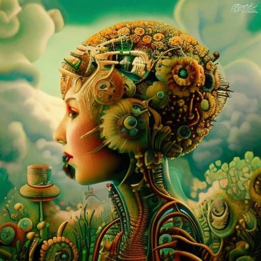 Biopunk Hippie Girl in Surreal Cosmic Horror Style