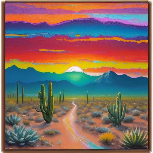 Gila Monster at Desert Sunrise: Neo-Impressionist Oil Painti...