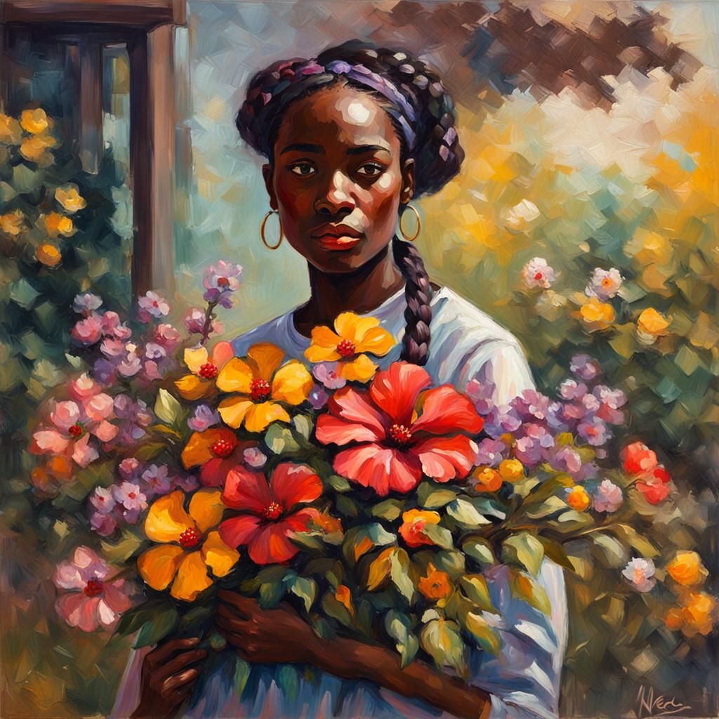 a beautiful dark-skinned young female with flowers