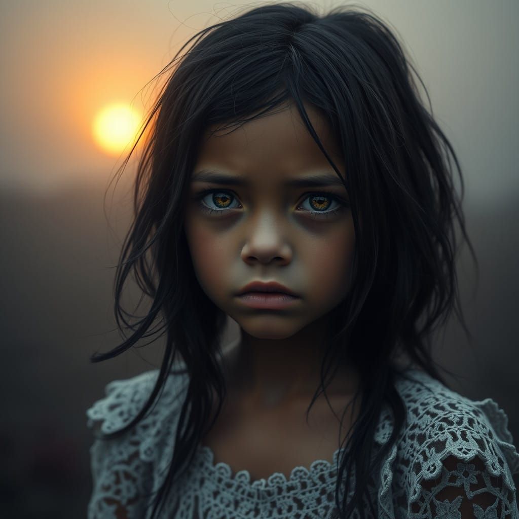 A Young Girl's Melancholic Portrait in a Haunting Sunset Glo...