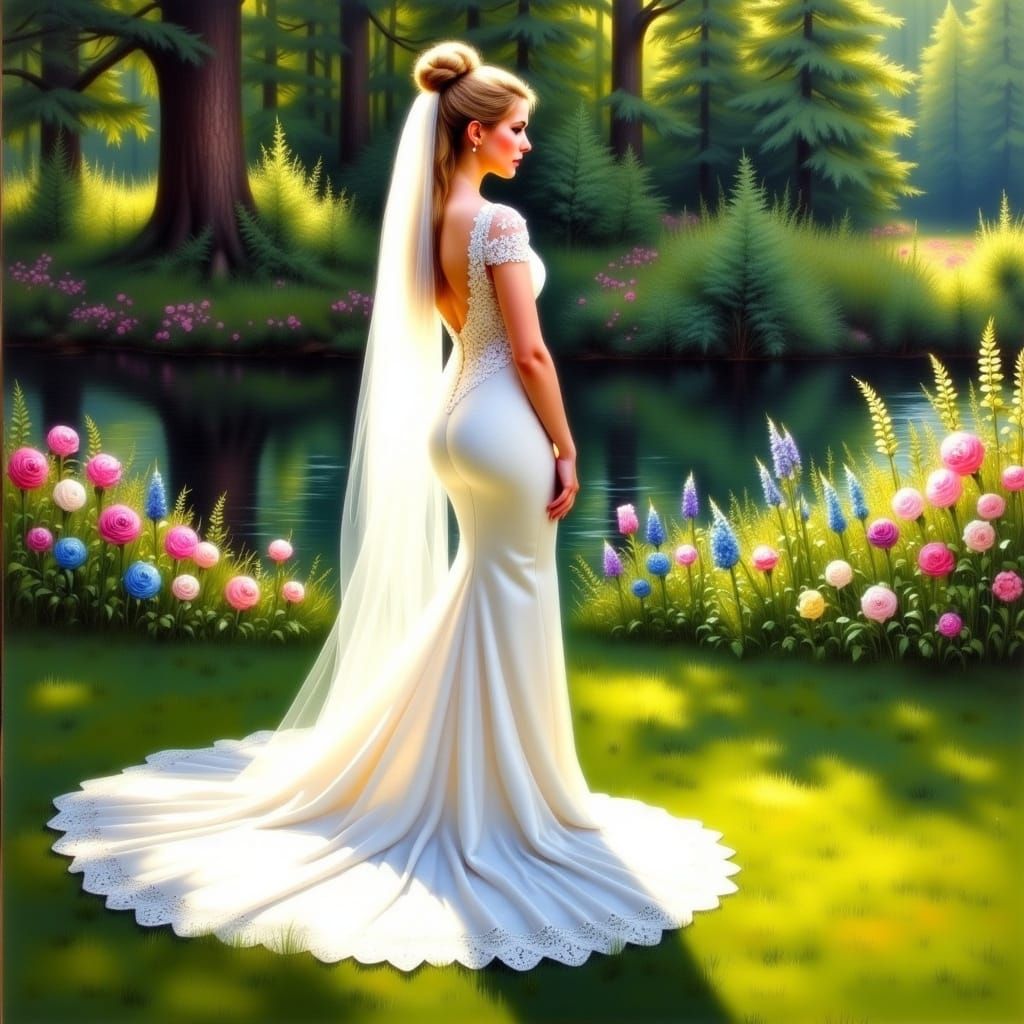 Bride in White Lace Gown, Oil Painting