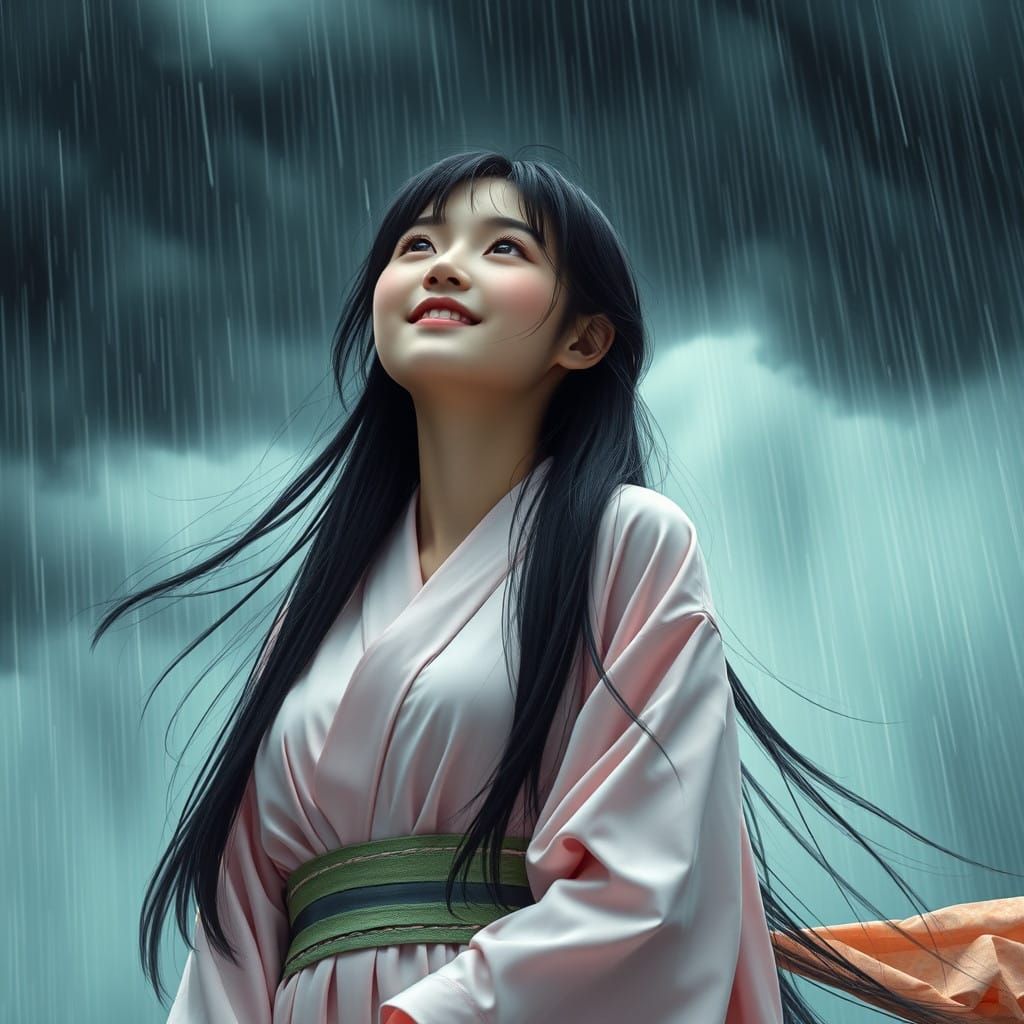 Enchanted Rainy Day Girl in Traditional Kimono