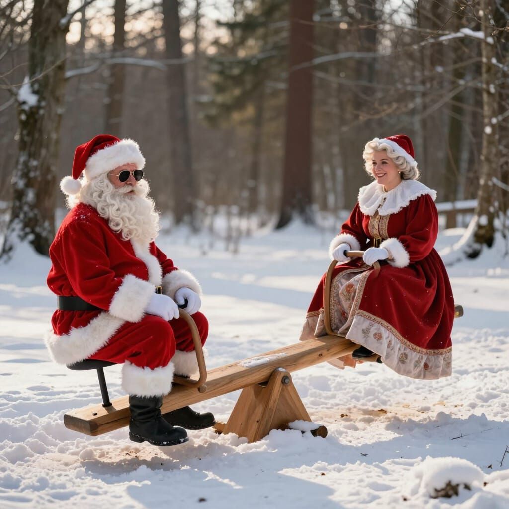 Santa Claus and Mrs. Claus on a Seesaw in Snowy Forest