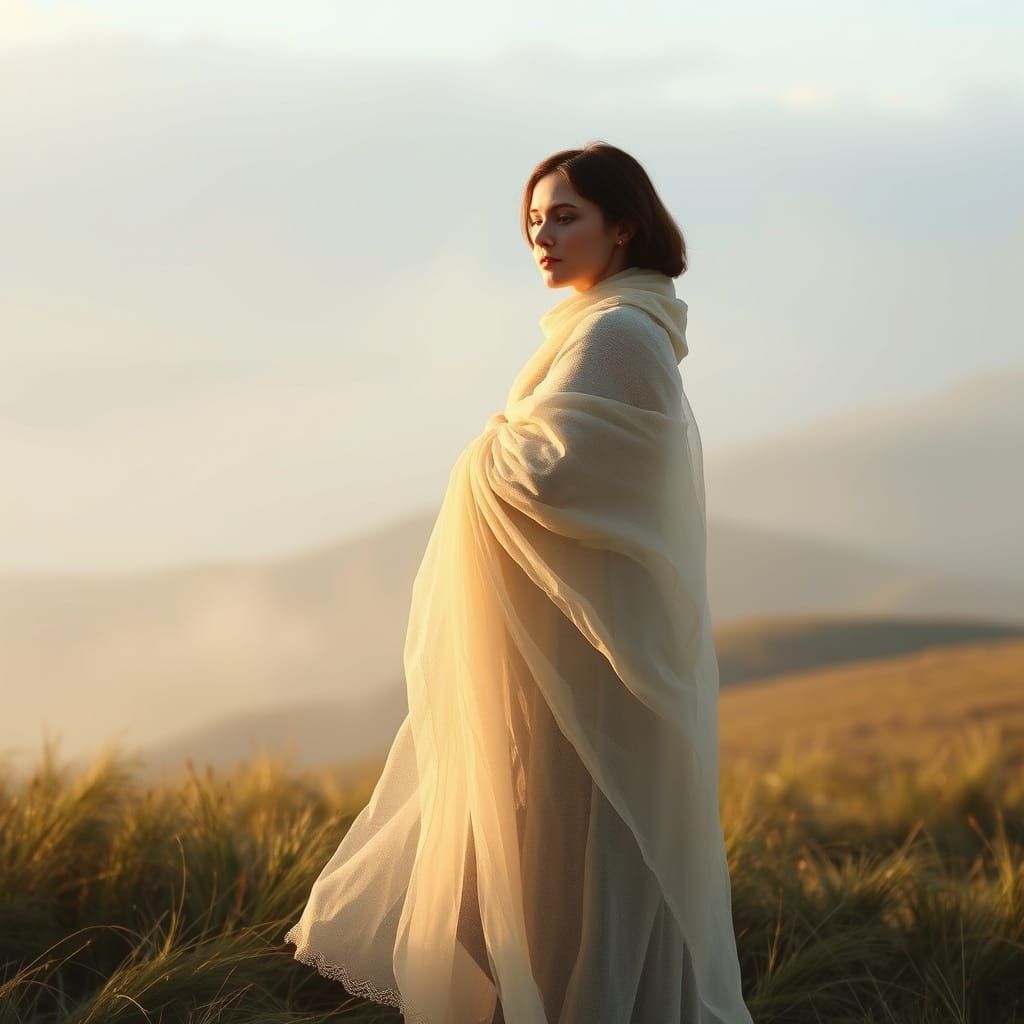 Ethereal Woman in Misty Breton Landscape