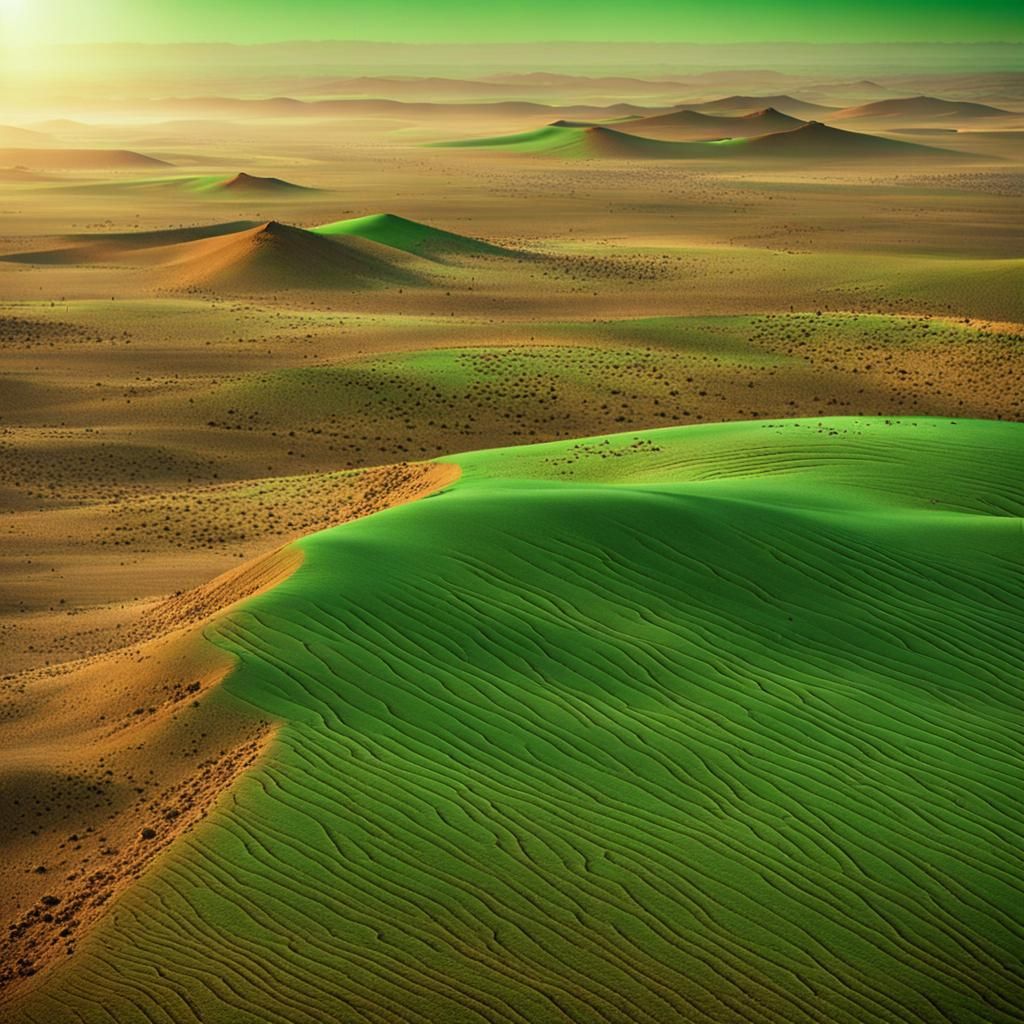 Green Sunrise Over Brown Desert Landscape