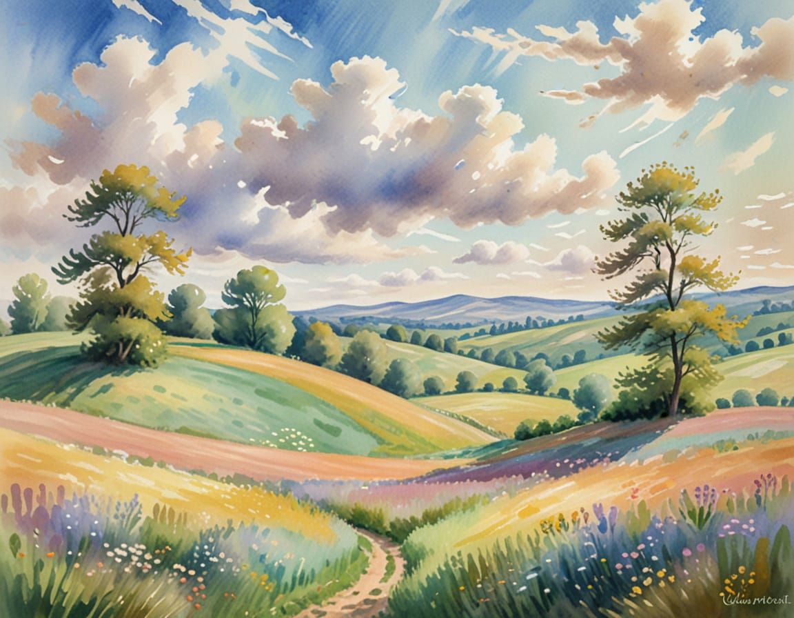 Gingham Dreamscapes: Whimsical Watercolor Landscape