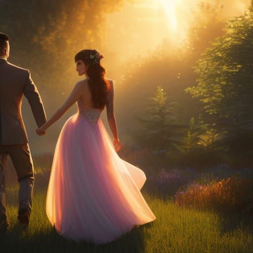 Couple Dancing in Fairy Meadow, 3D Digital Art