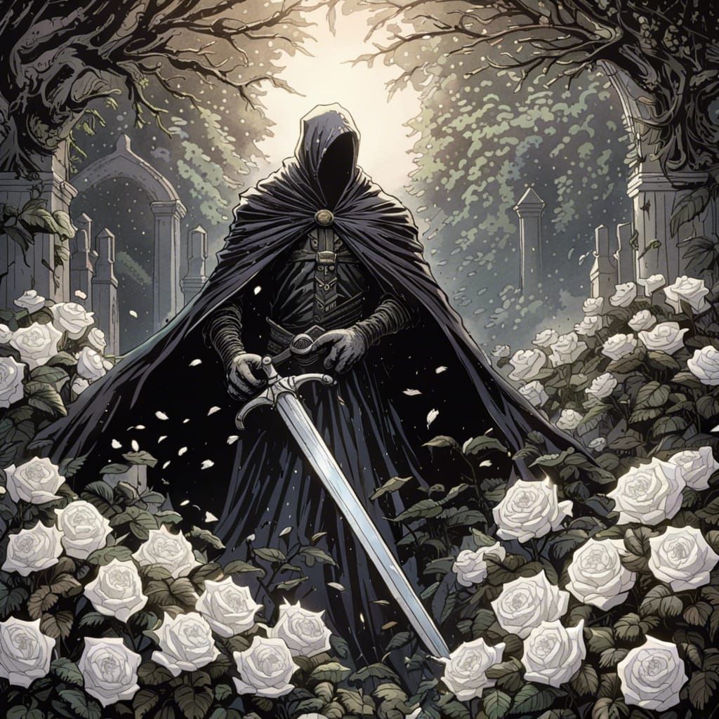 Fallen Angel in Rose Garden: Gothic Comic Art