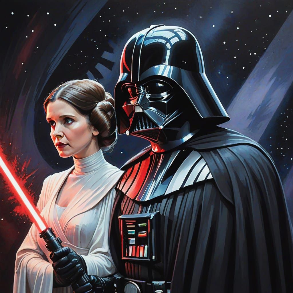 Dramatic Gouache Portrait of Darth Vader and Leia