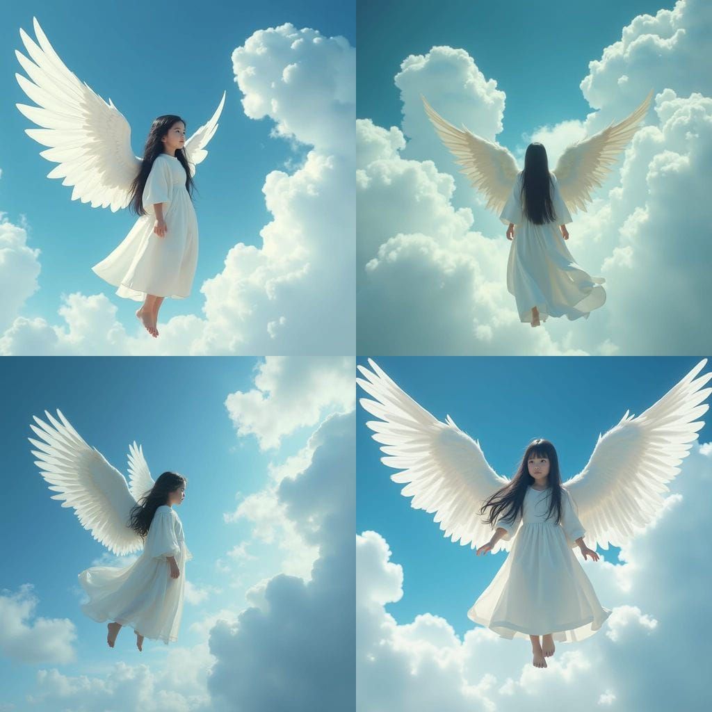 Girl with White Wings Floats in Blue Sky