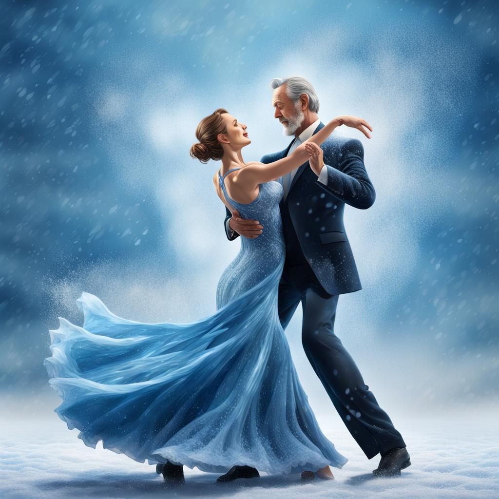 Couple's Waltz in Blue Snowfall: Hyperrealistic Art