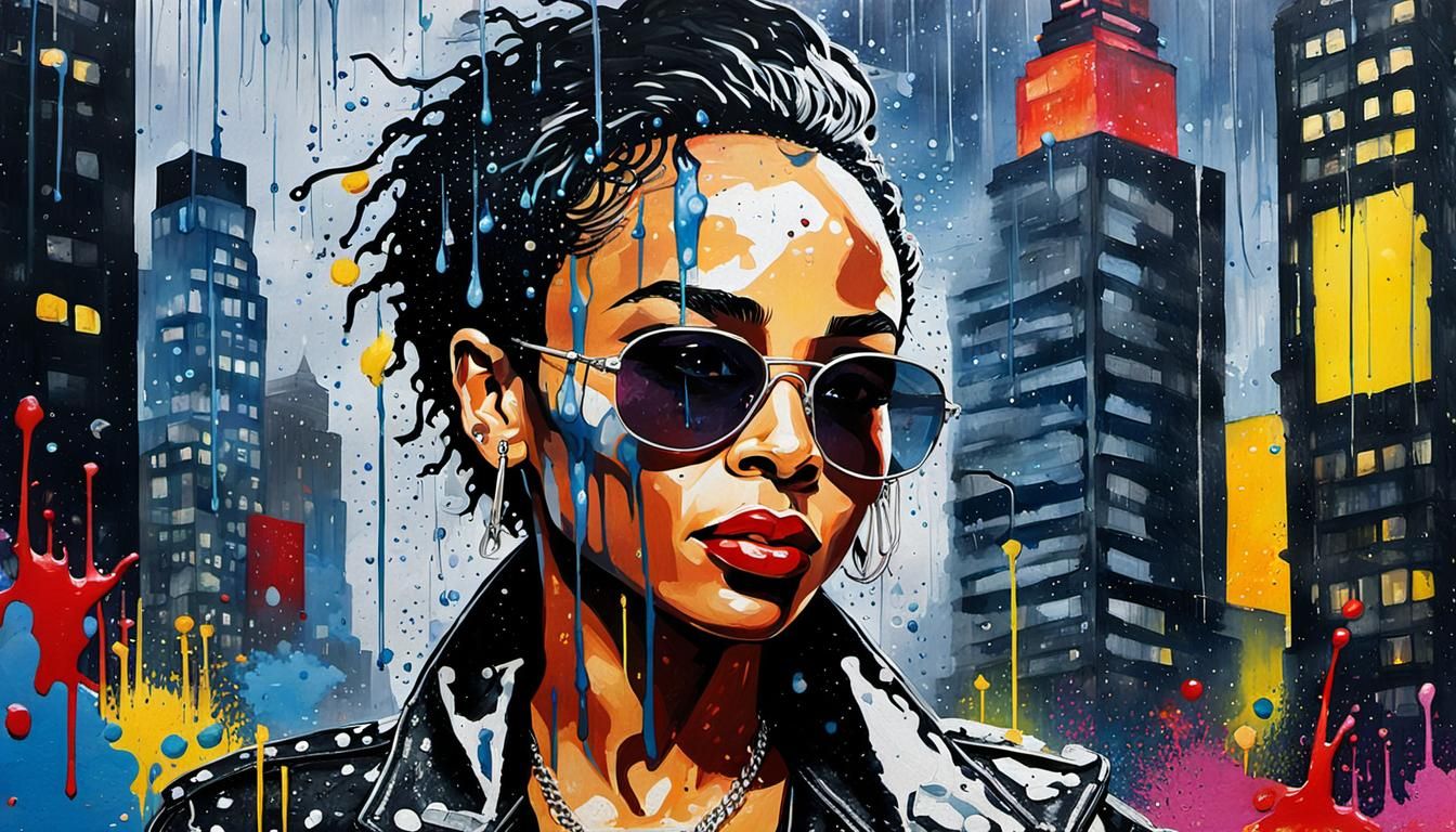 Sade in Pop Art Style on Rainy City Street