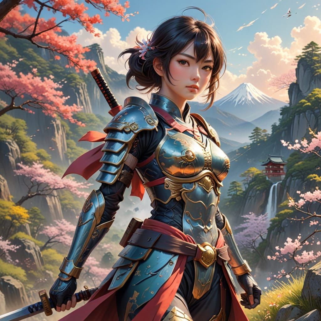 Vibrant Lady Samurai in Cherry Blossom Landscape