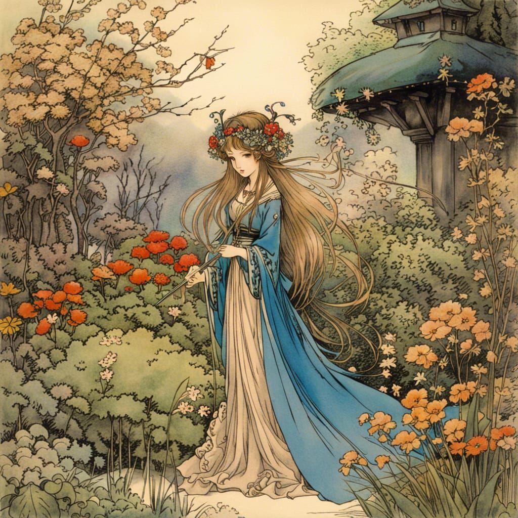 Fairytale Maiden in Garden, Arthur Rackham Style