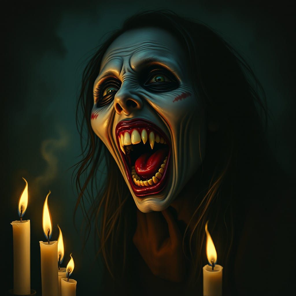 Haunting Portrait of Laughing Jane in Dark, Rich Colors