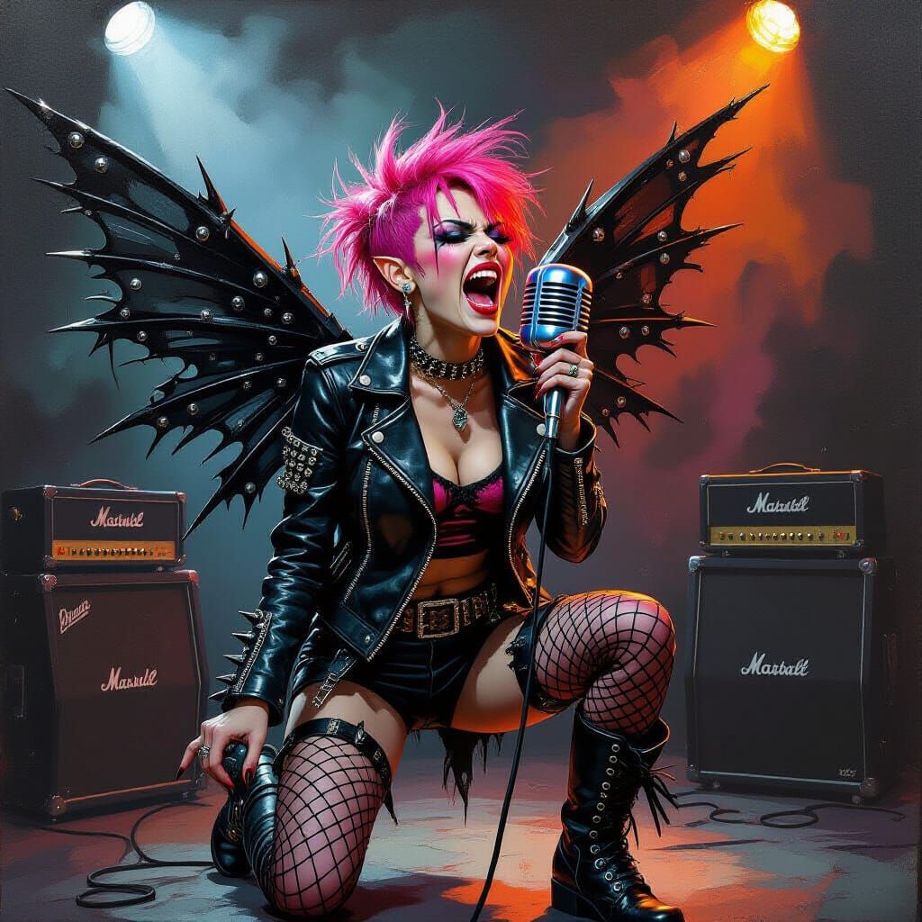 Punk Fairy Screaming into Mic: Expressionist Oil Painting