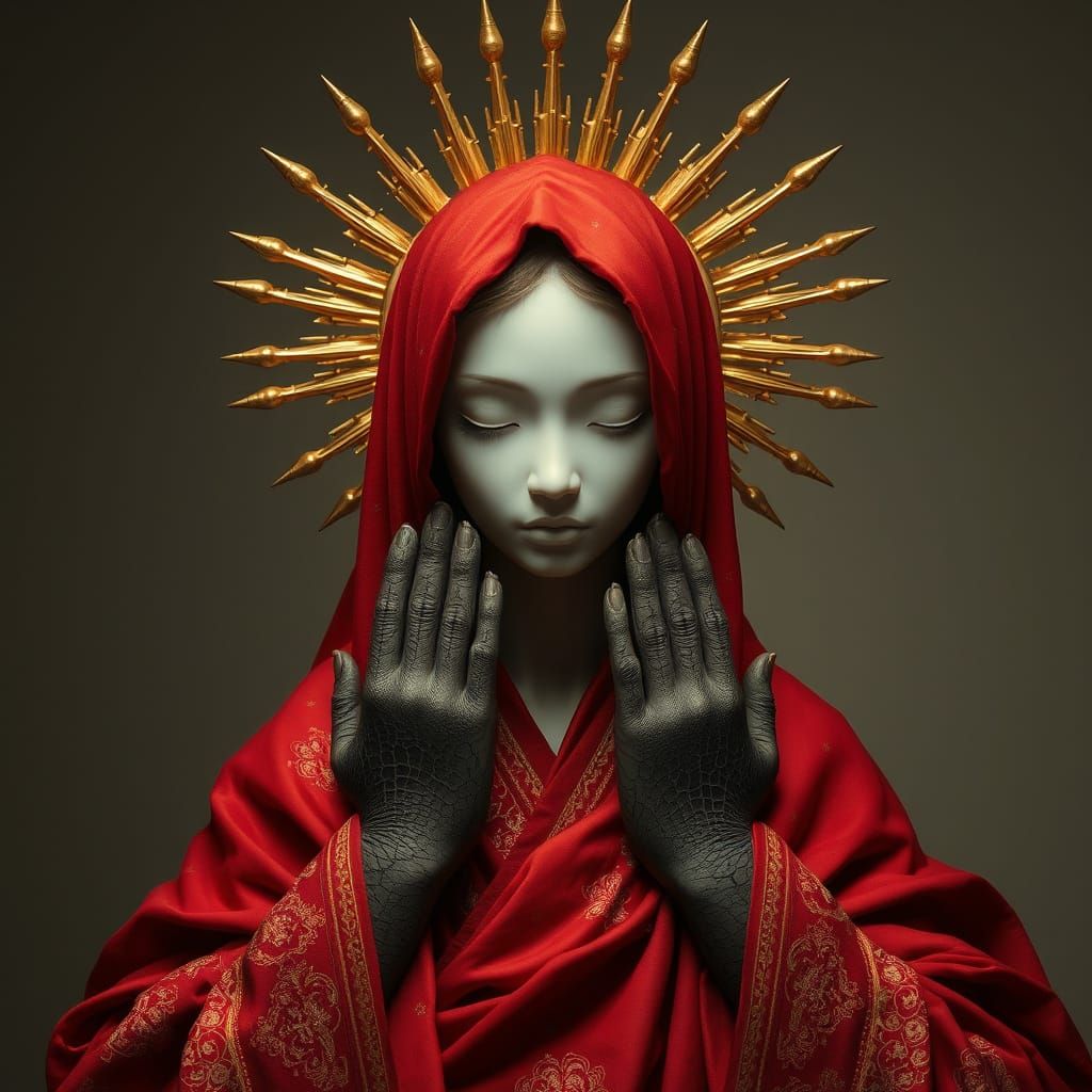 Ethereal Celestial Figure in Crimson Robes
