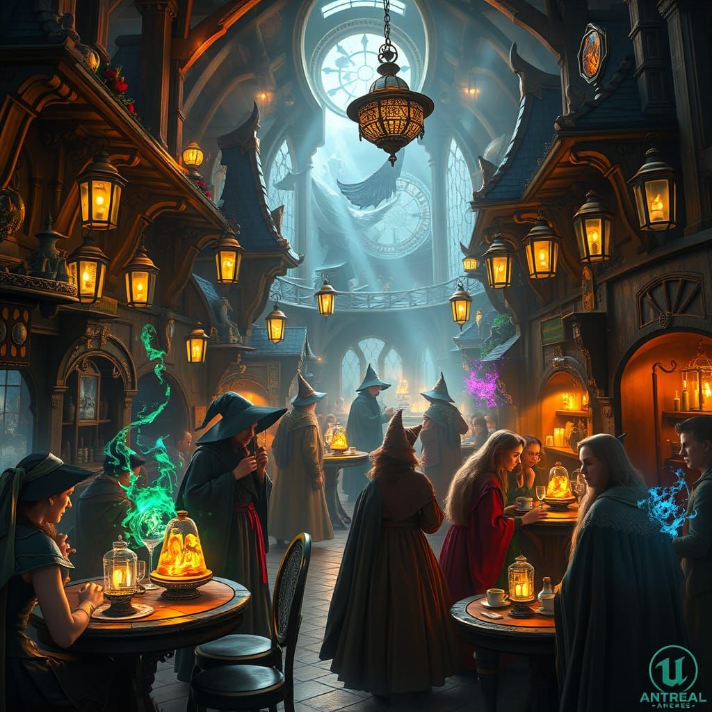 Magical Cafe Scene With Wizards and Enchanted Patrons