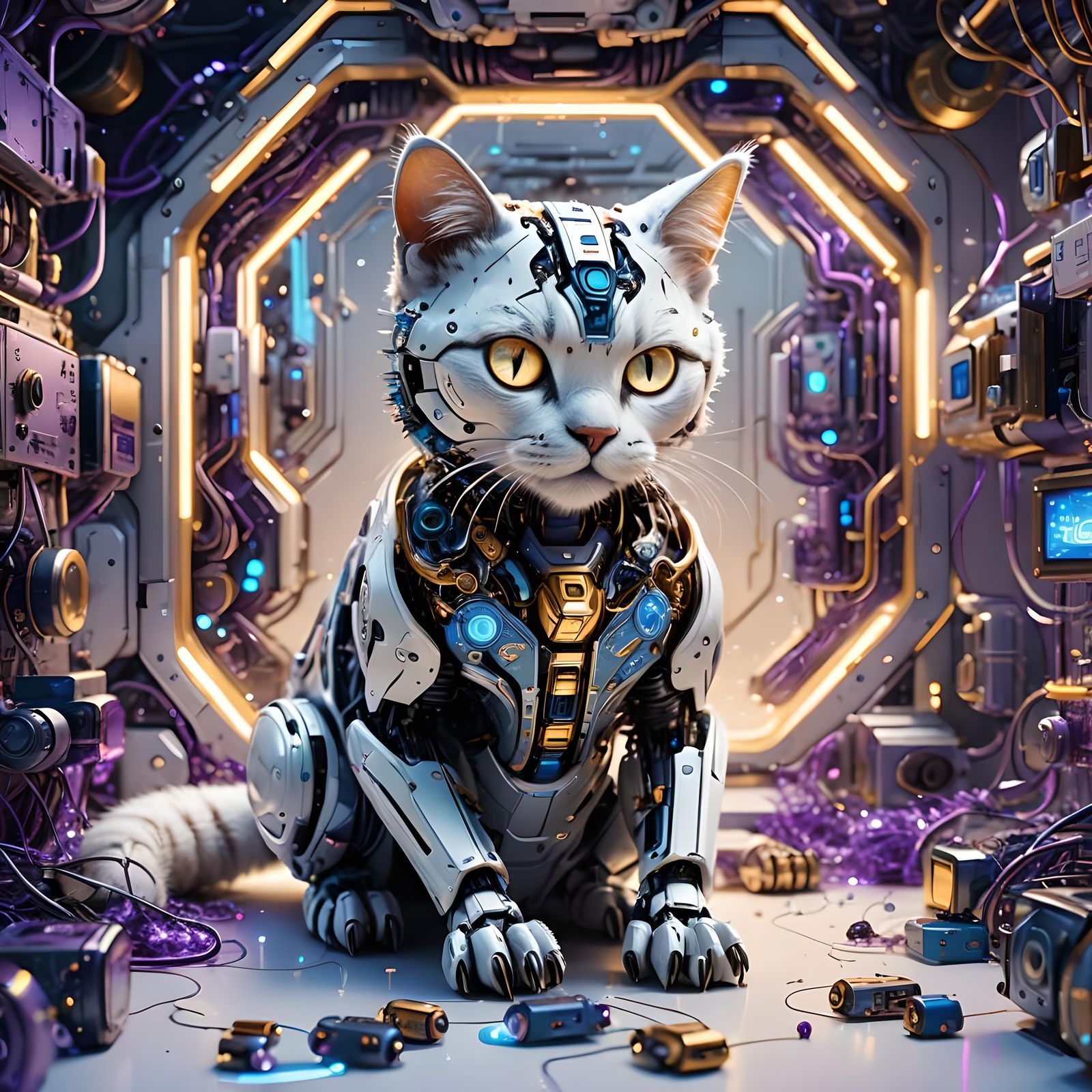 Shy Robot Cat with LED Lights in Matte Painting Style