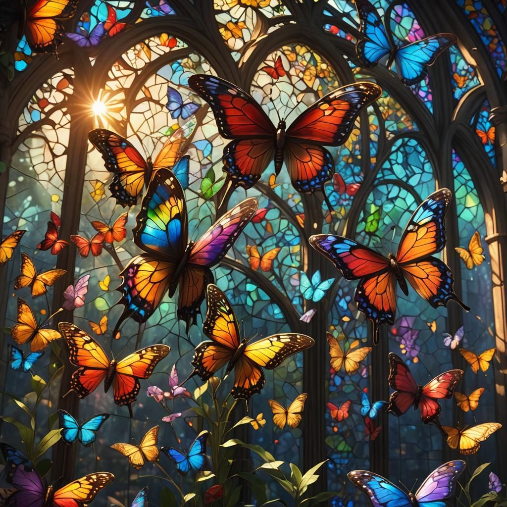 Stained Glass Butterfly with Rainbow Sunlight