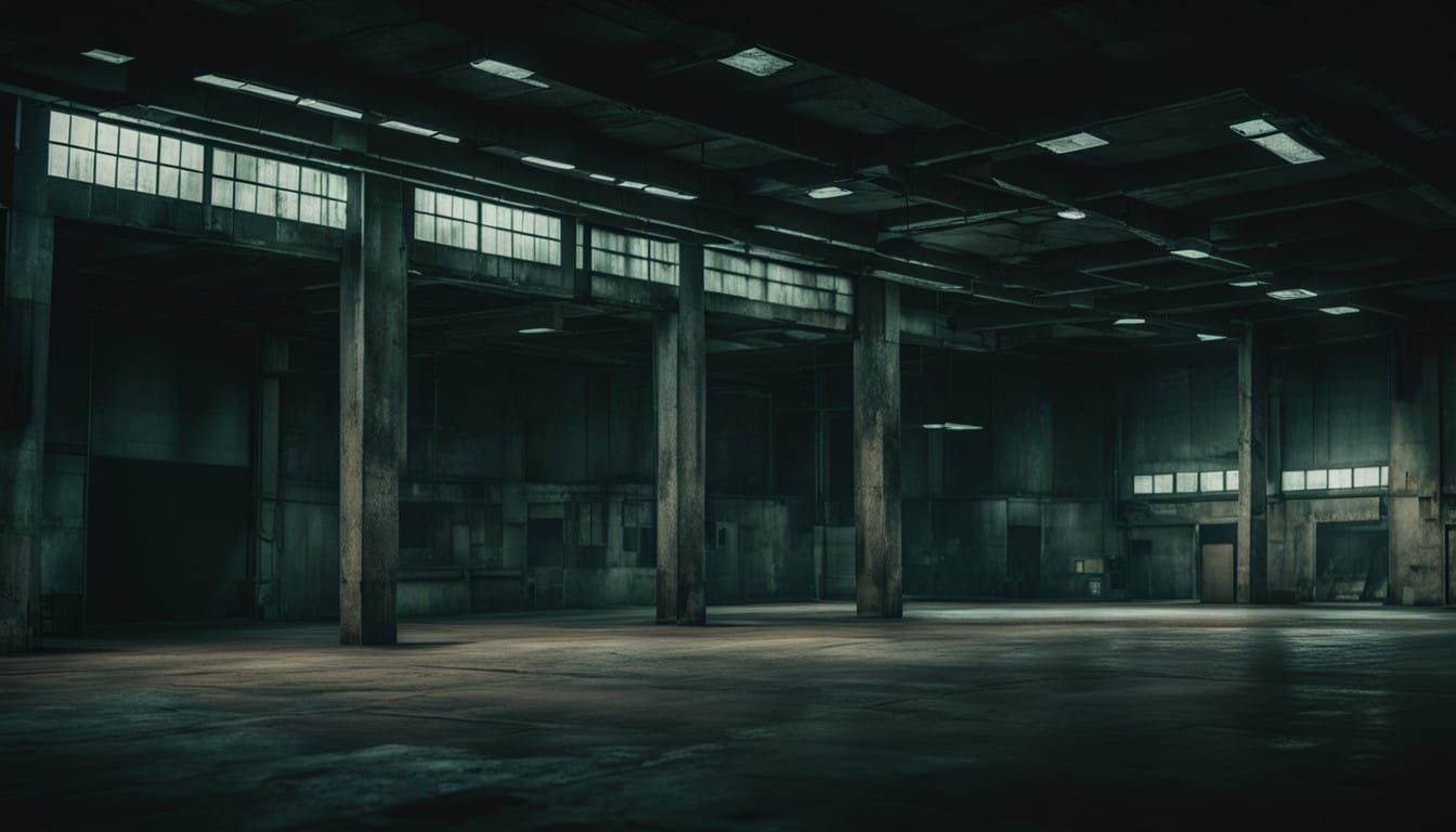 Epic Brtualist Warehouse Under Siege in Dark, Stormy Night