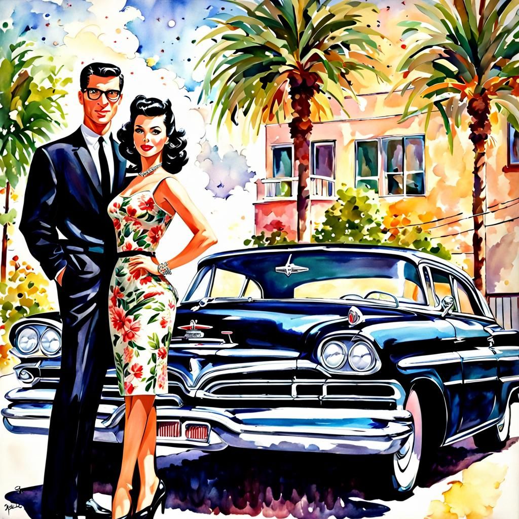 1950s Couple with Plymouth Fury: Watercolor Style
