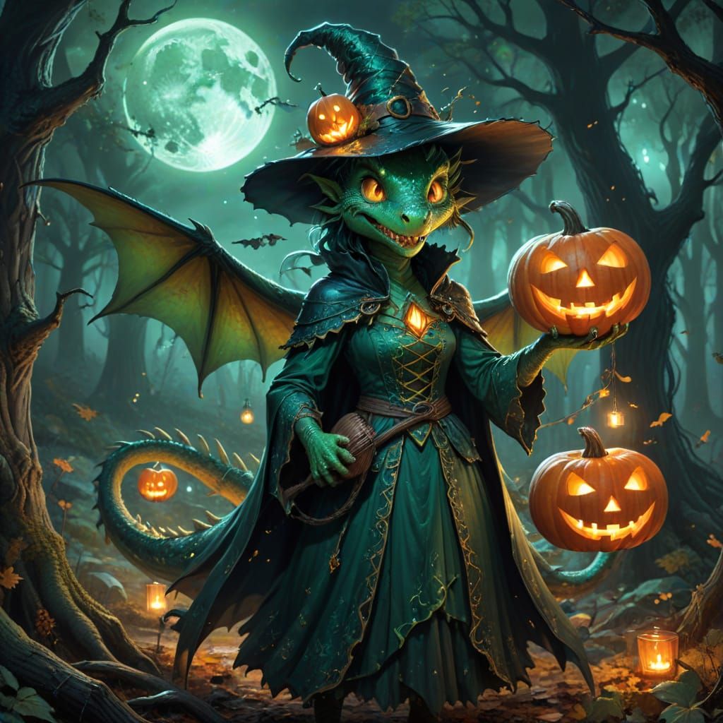 Friendly Green Dragon in Witch Costume with Jack-o'-Lantern