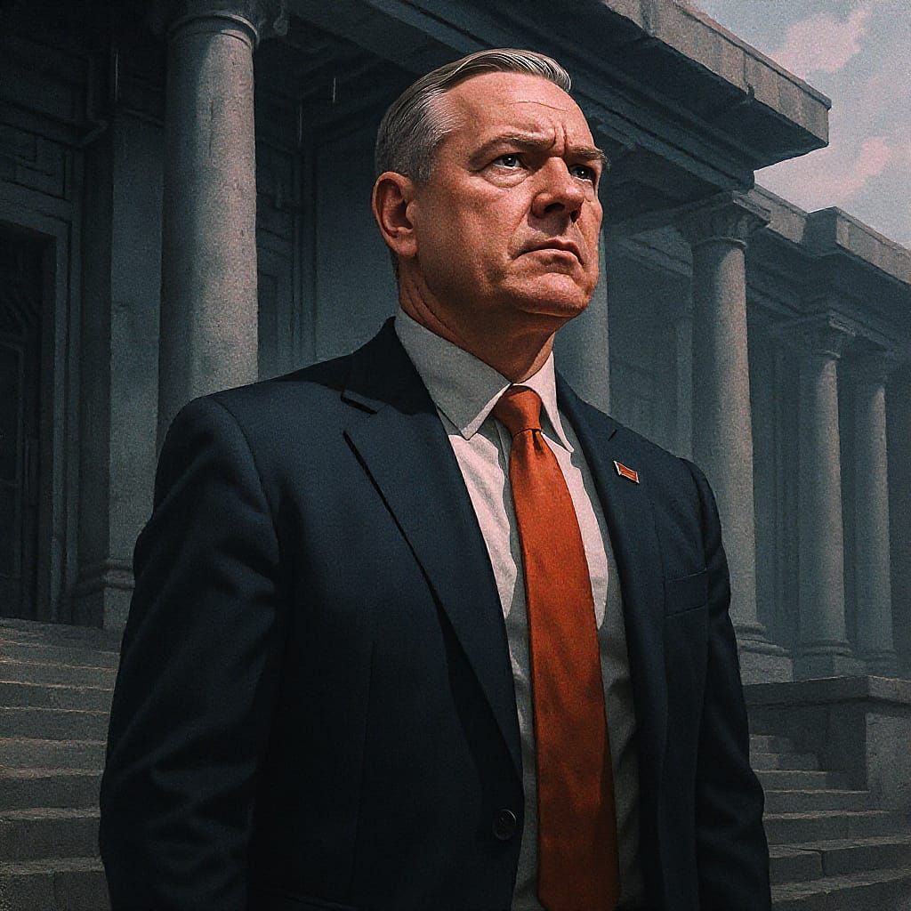 Determined Politician in Government Building, Dystopian Real...