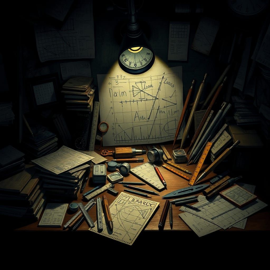 Detailed Math Tools Desk in Pixiv Concept Art Style