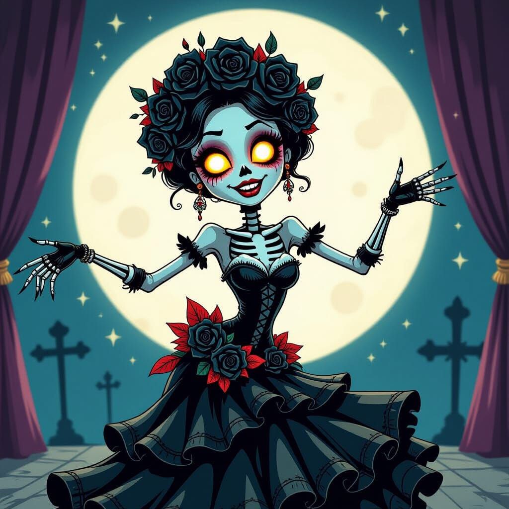 Undead Flamenco Dancer on Moonlit Stage in Gothic Cartoon St...