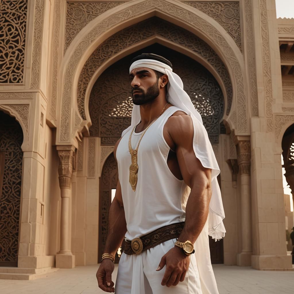 Arab Bodybuilder in Ghutra: Cinematic Film Still