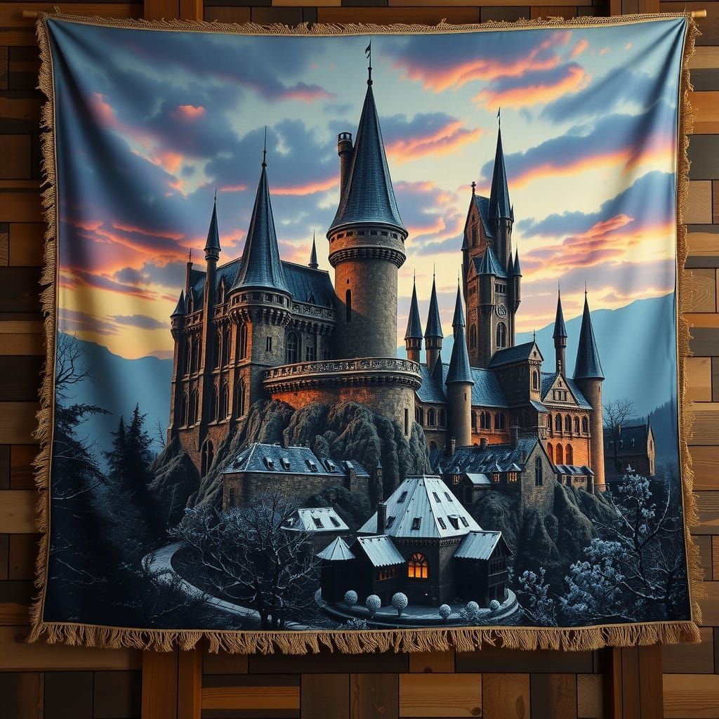 Vintage Nordic-Style Tapestry Depicts Hogwarts Castle at Dus...