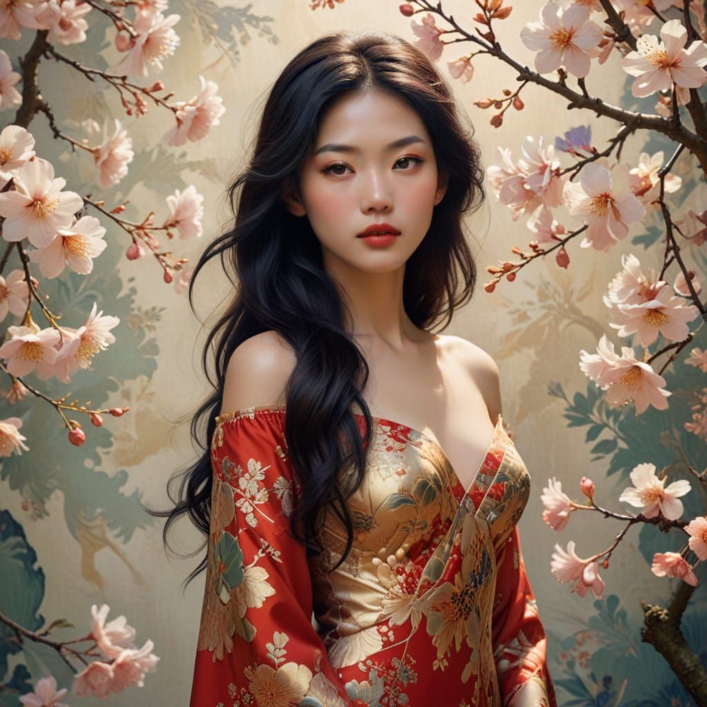 Elegant Japanese Woman in Luxurious Gold Dress