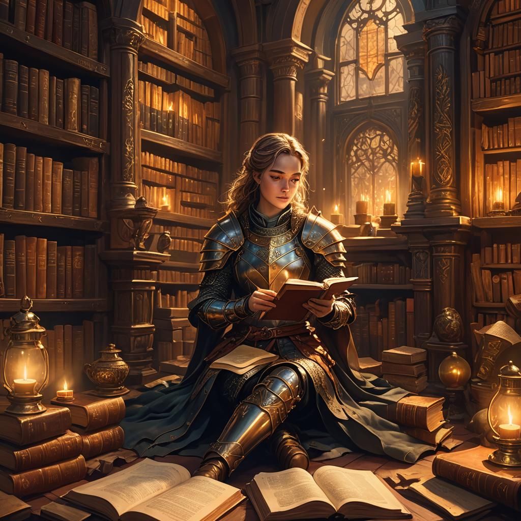 Cozy Library: Female Knight Reading, Anime Style