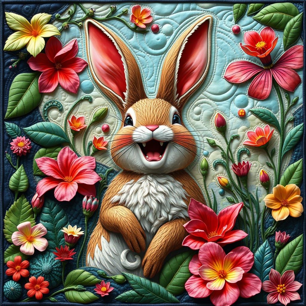 Laughing Bunny in Quilted Patchwork Dreamscape