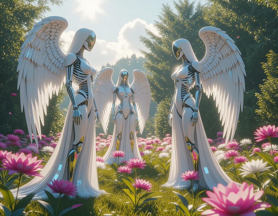 Biomechanical Angel Statues in Surreal Garden