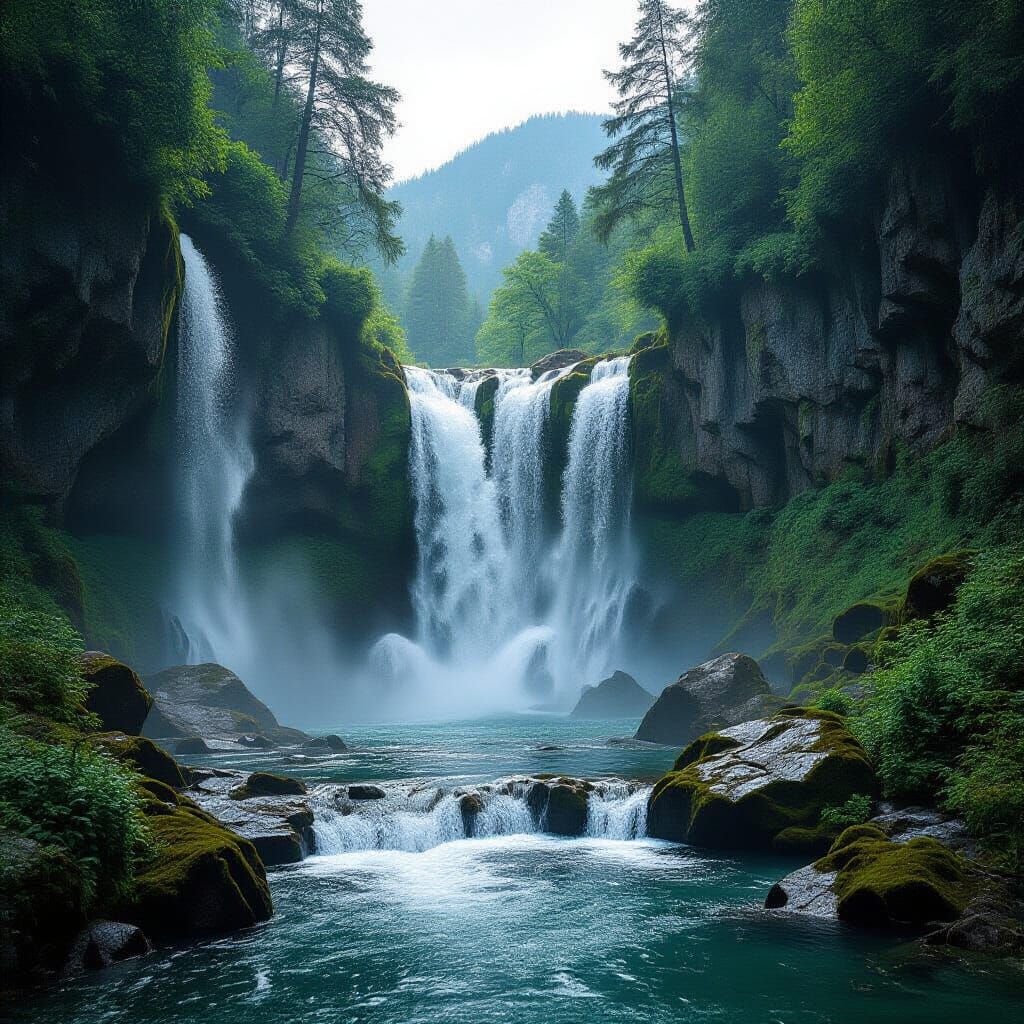 Serene Alpine Waterfall Amidst Rugged Nature