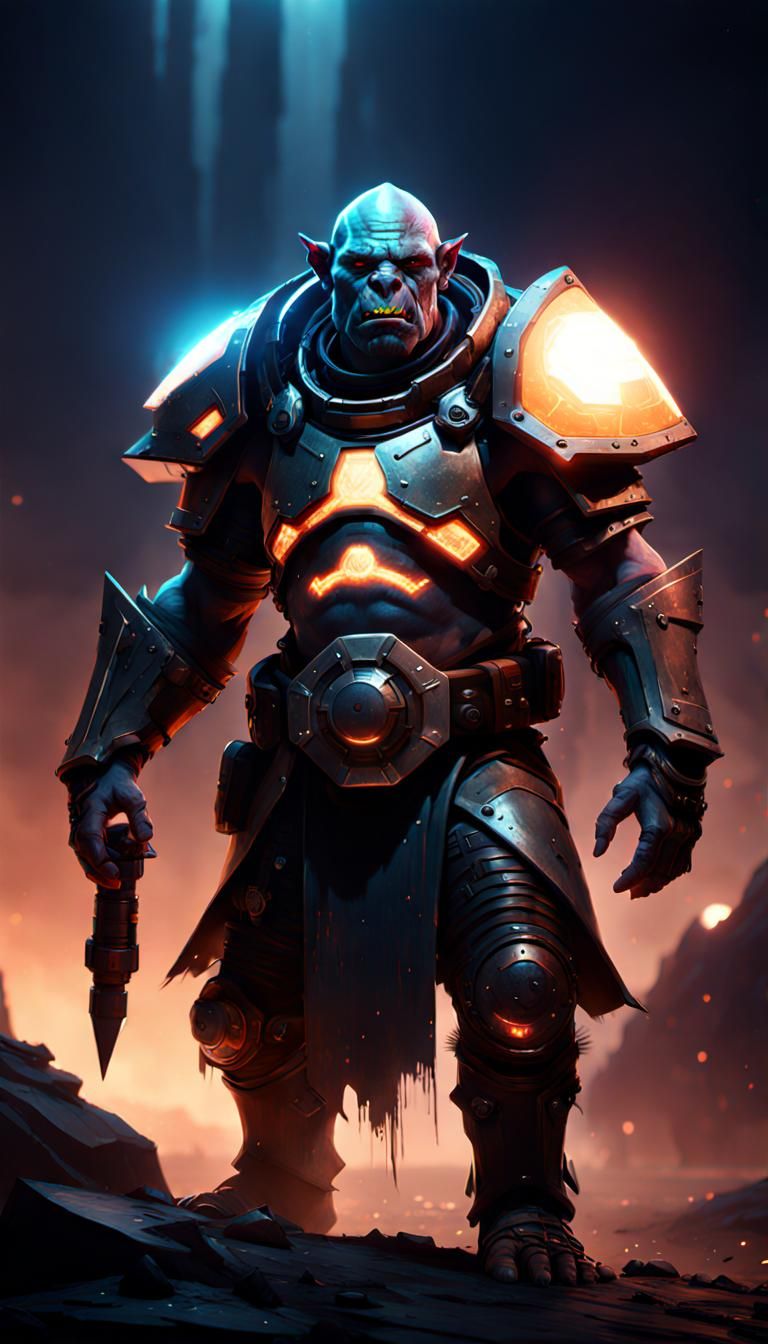 Space Orc with Glowing Shield in Dystopian Sci-Fi