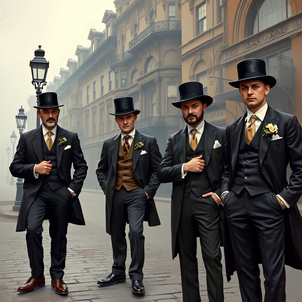 Victorian Gentlemen in Misty Street Scene