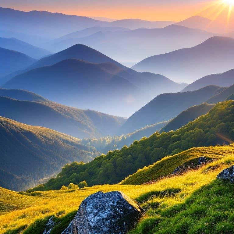 Misty Mountain Landscape with Sunshine