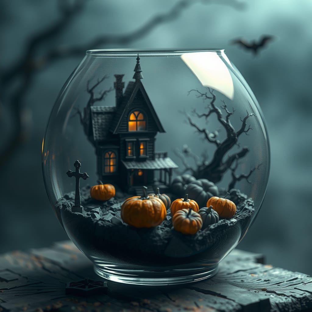 Ethereal Halloween Scene in Glass Bowl