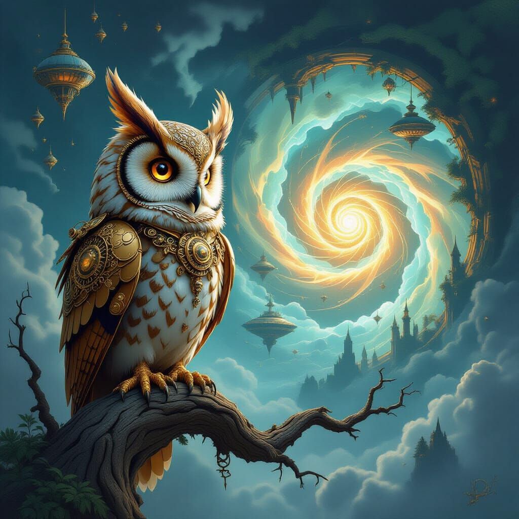 Steampunk Clockwork Owl in Ethereal Landscape