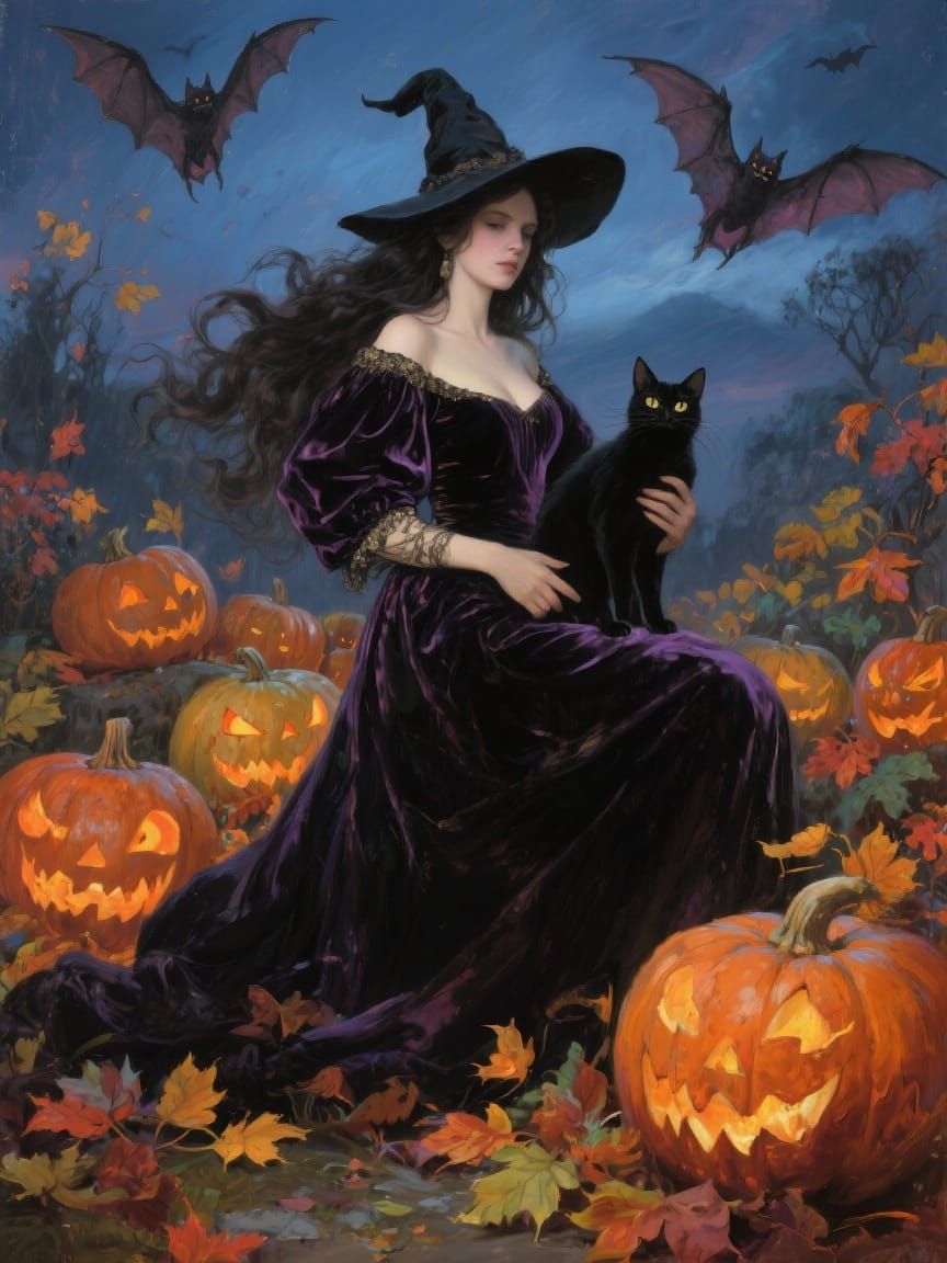 Beautiful Witch and Black Cat in Autumn Halloween Scene