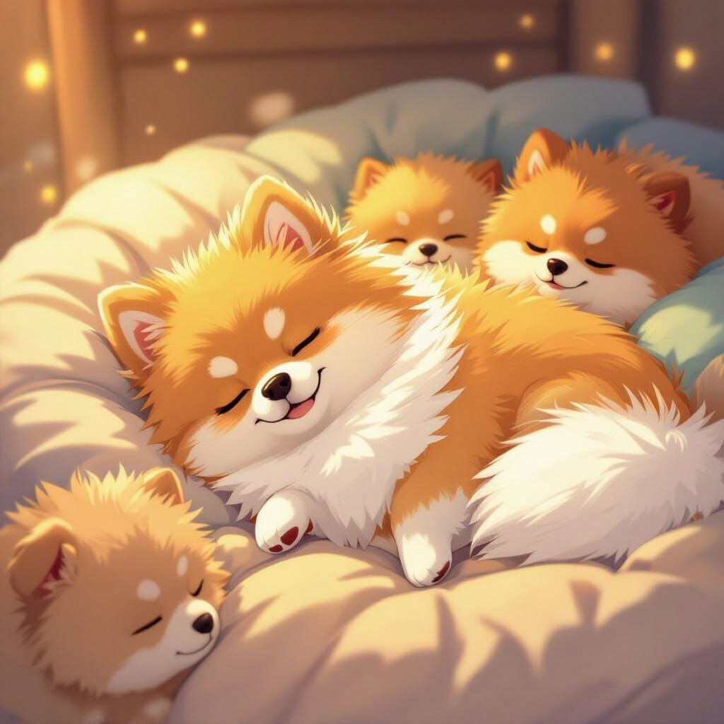 Fluffy Pomeranian Sleeps Peacefully With Happy Dogs
